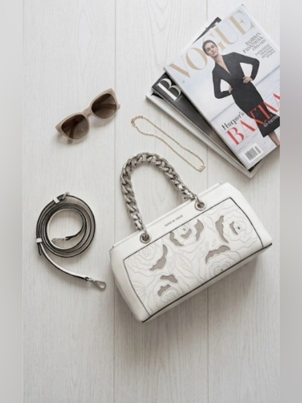 Karl Lagerfeld Cream White Floral Appliqué Heavy Chain Handles Shoulder Bag NWT - Picture 2 of 10